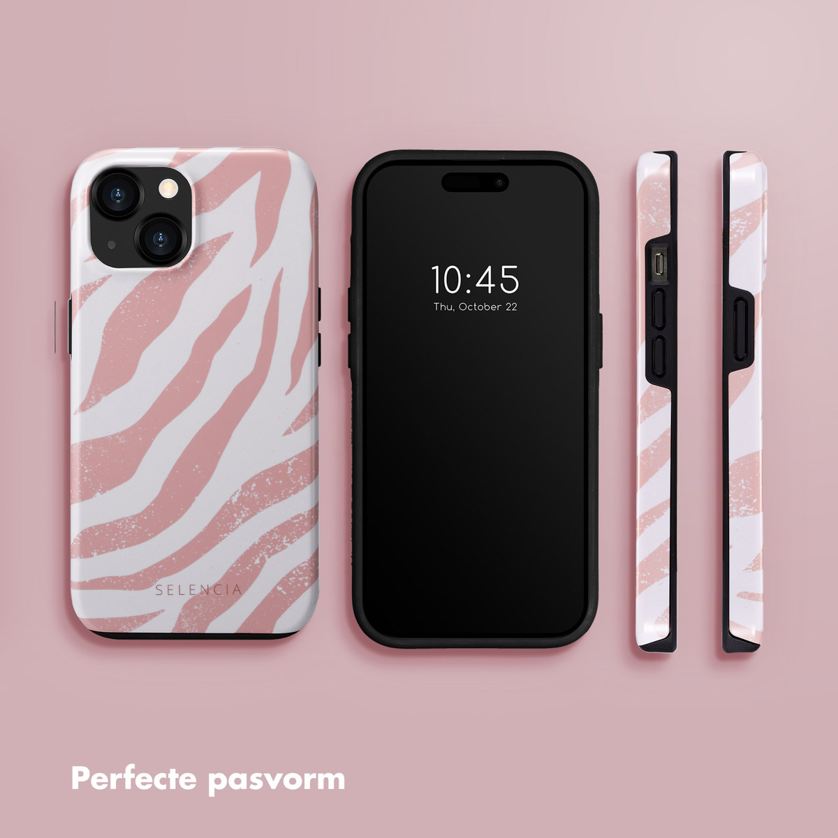 Coques de téléphone avec imprimé zèbre rose, téléphone noir avec affichage de l'heure et fond rose.