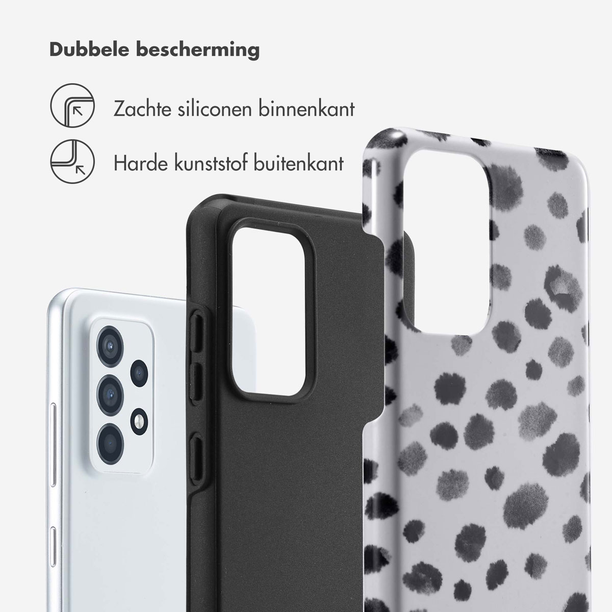 Telefoonhoesjes: telefoon, zwarte hoes en hoes met grijze en zwarte stippen. Tekst luidt 'Dubbele bescherming'.