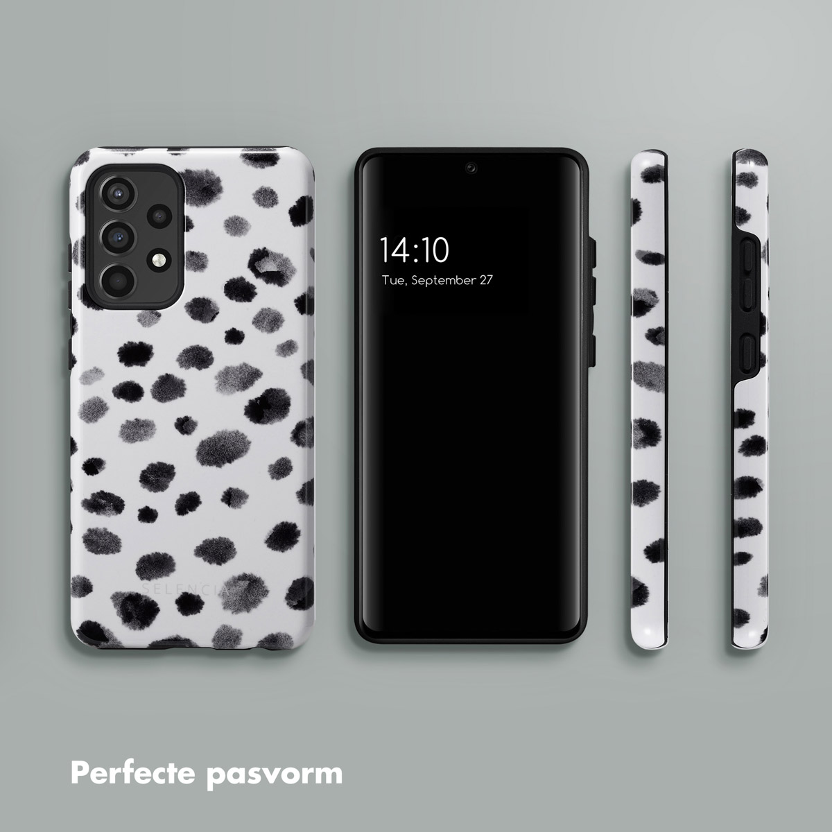 Telefoon met een dalmatiërprint hoesje. Telefoon met hoesonderdelen getoond.