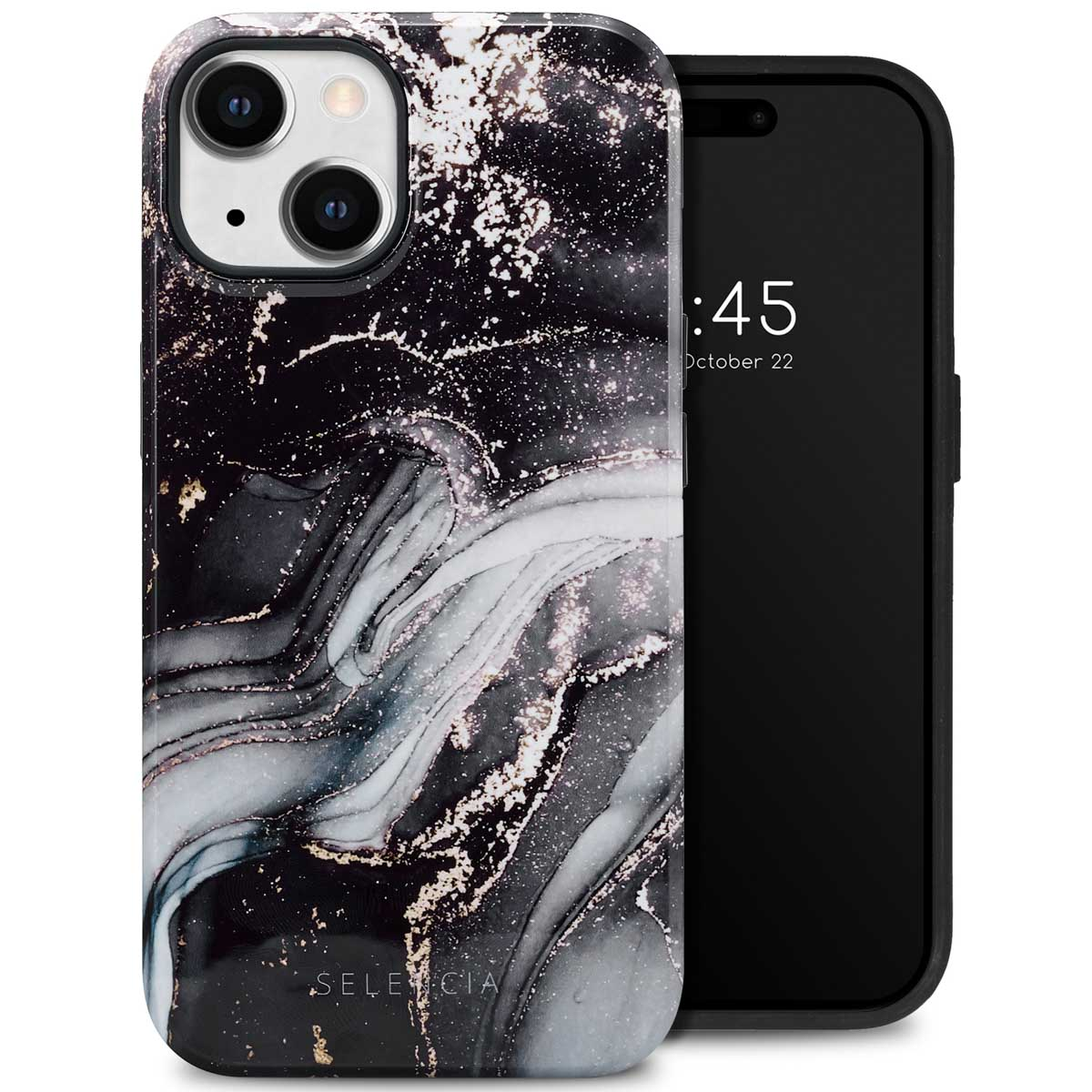 Coque de téléphone avec un design en marbre noir et blanc, avec un téléphone.