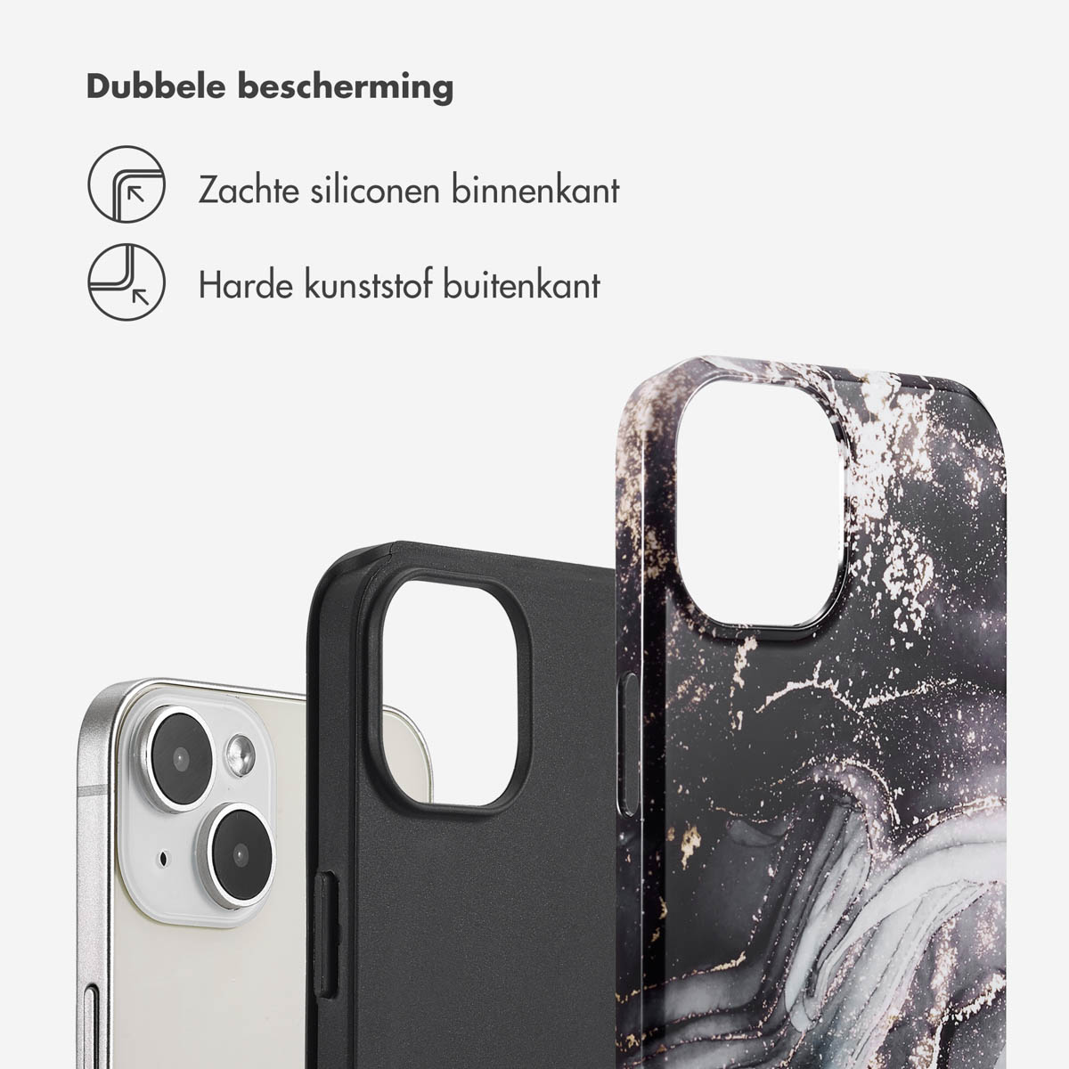 Téléphone avec coque, double protection, motif marbre noir et or.