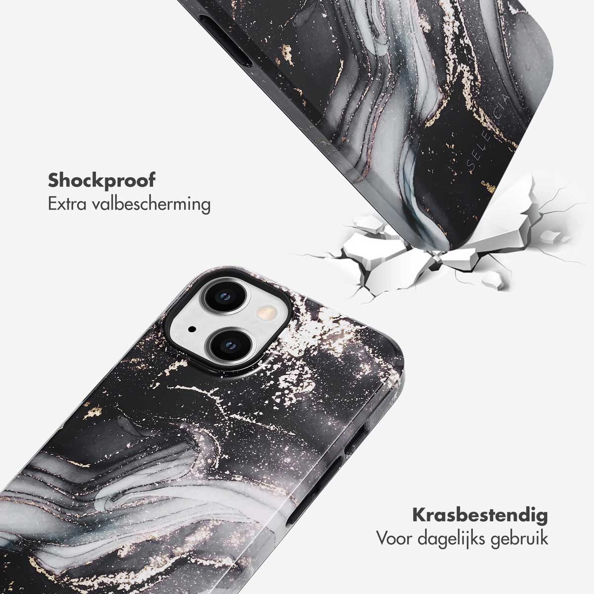 Coque avec design marbre noir, coque cassée. Texte : 'Antichoc' et 'Résistant aux rayures'.