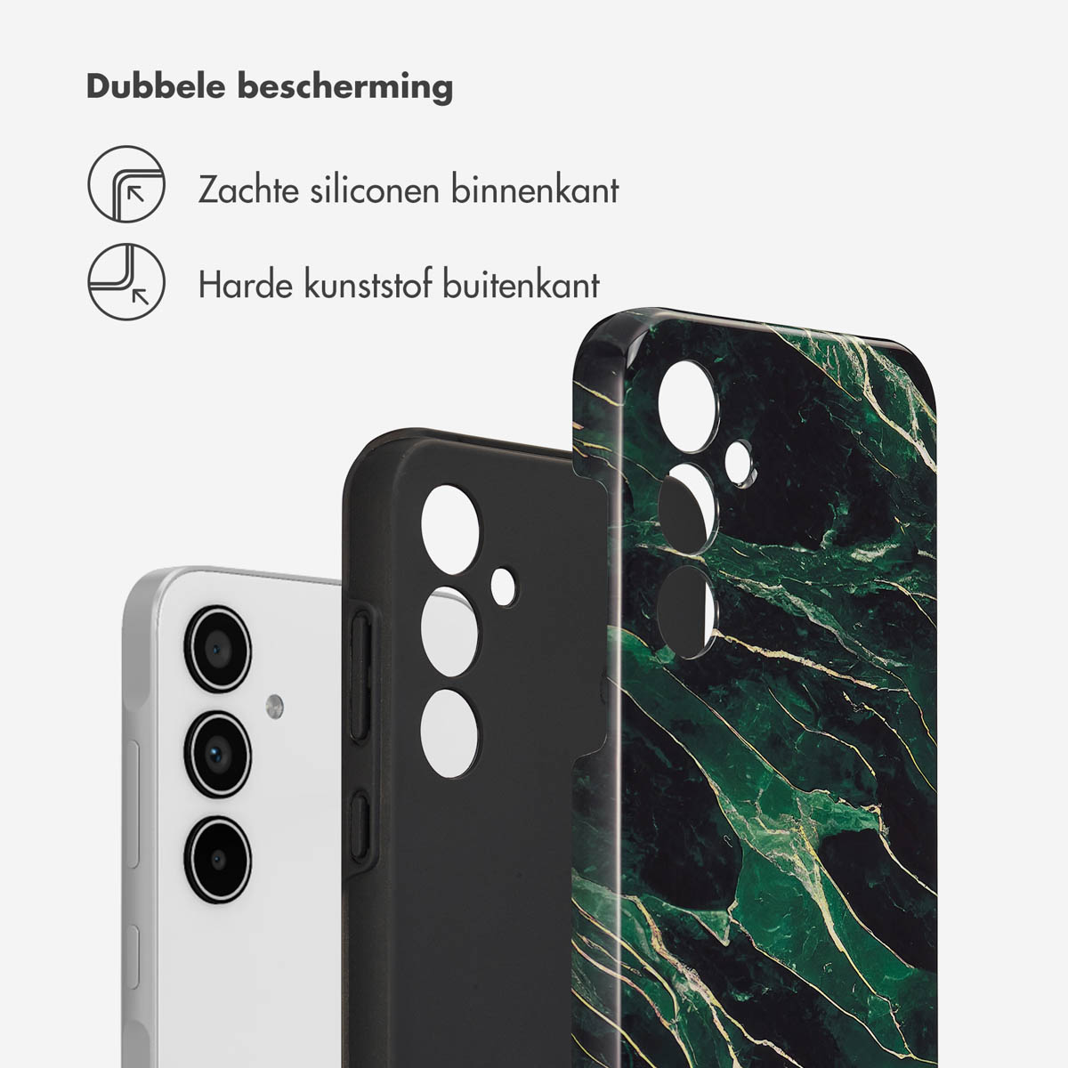 Coque de téléphone avec motif marbre vert. Téléphone noir et parties de coque montrées.