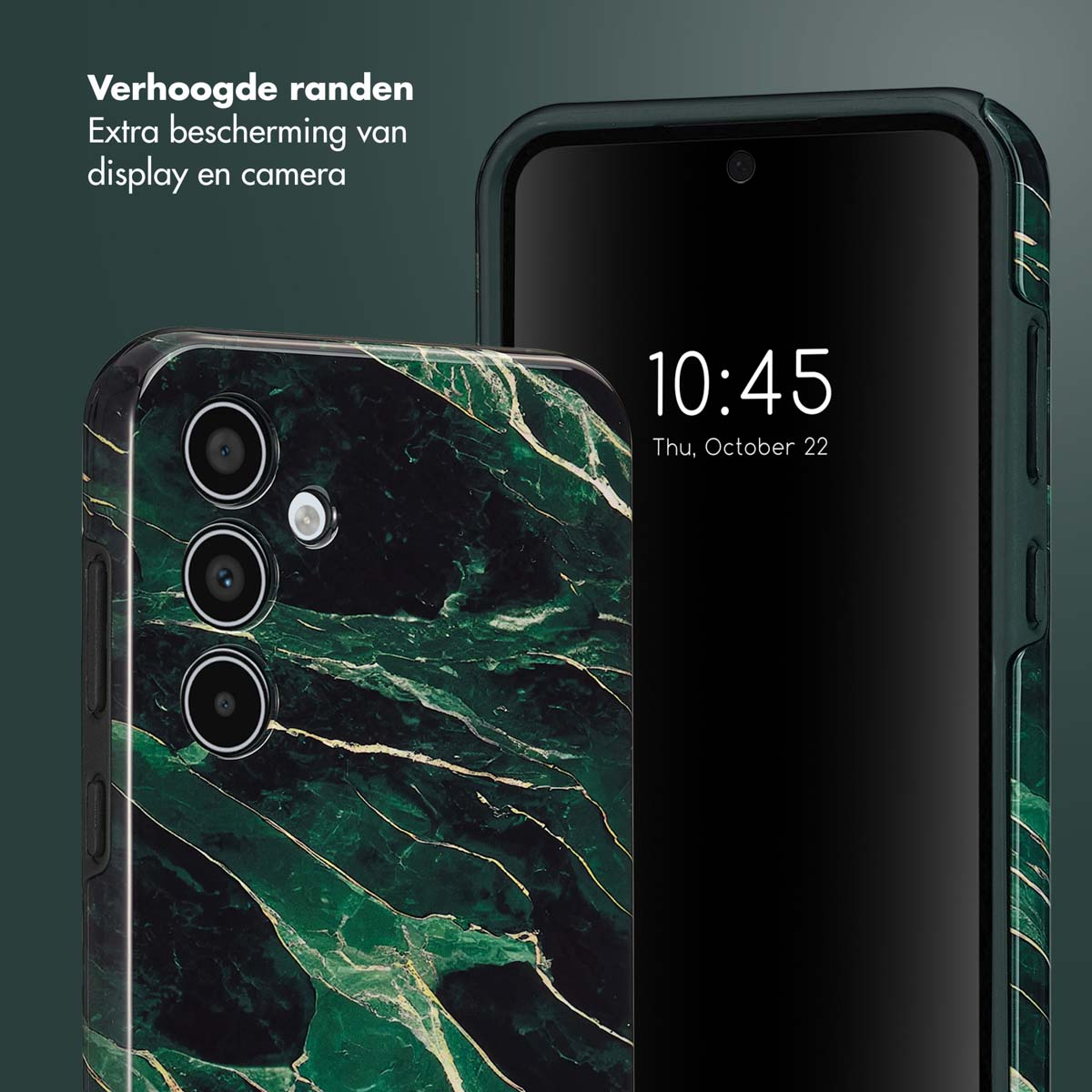 Téléphone, coque et deux pièces latérales. Motif marbre vert, téléphone noir, fond sombre.