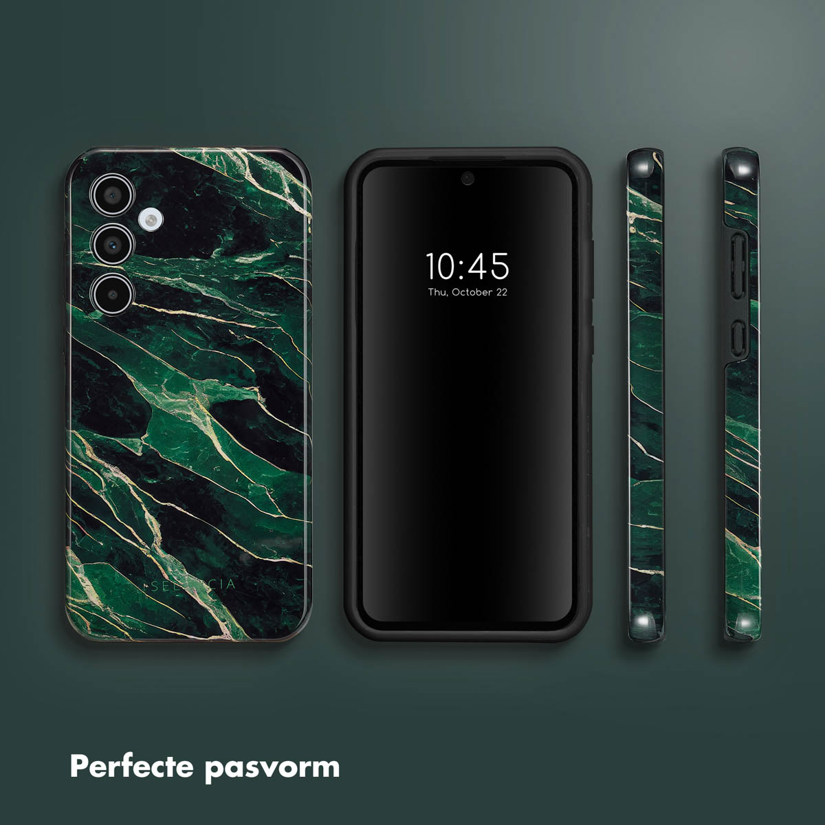 Téléphone avec étui en marbre vert, écran noir. Autres parties de l'étui. Vert et noir.