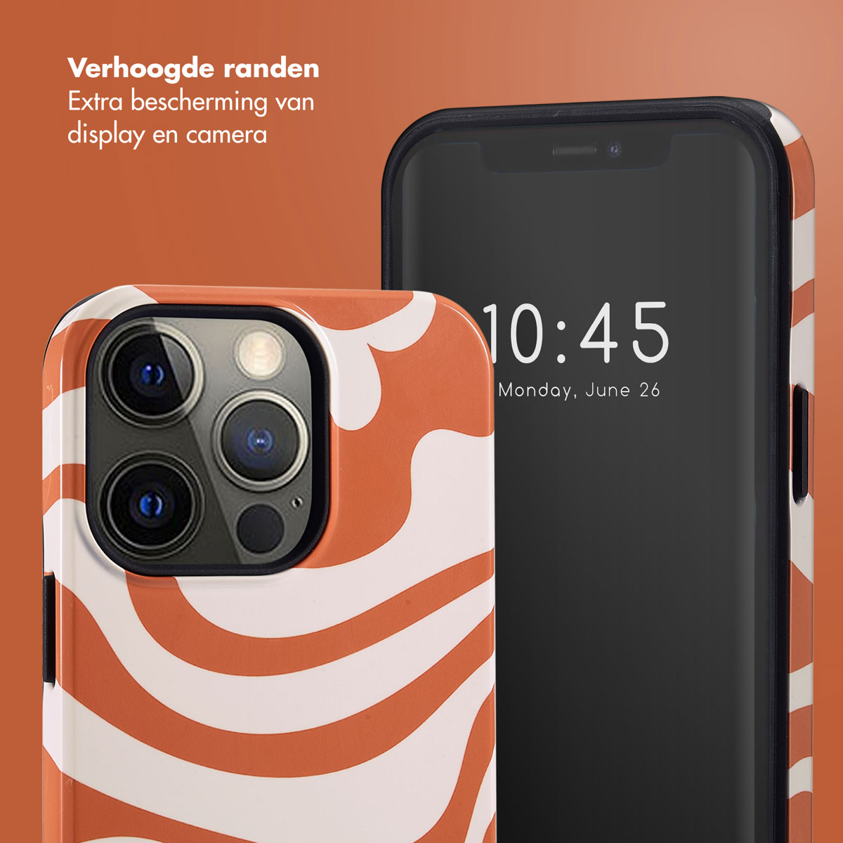 Téléphone avec étui à tourbillon orange, heure 10h45, date 26 juin. Le fond est orange-rouge.