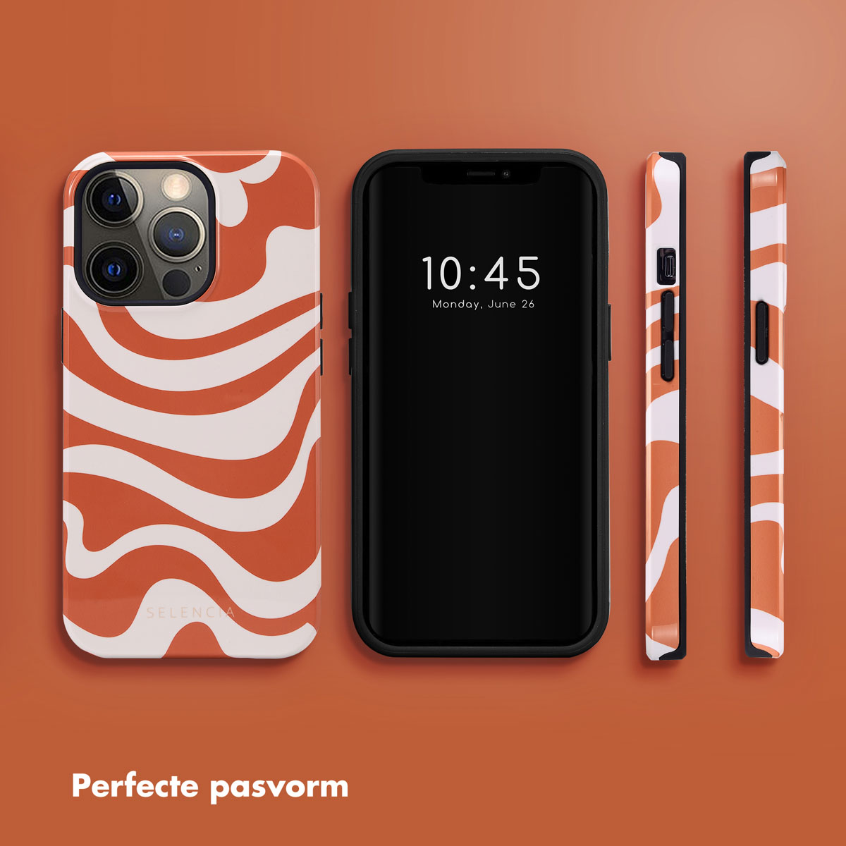 Téléphone avec coque ondulée orange et blanche, heure 10h45 à l'écran. Deux côtés de la coque.