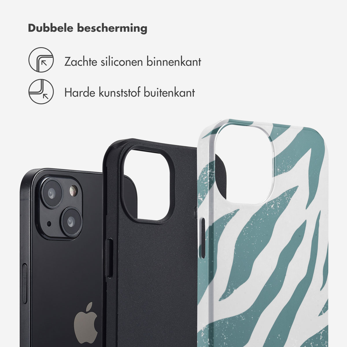 Telefoonhoesje met dubbele bescherming. Een zwarte telefoonhoes en een transparante hoes met zebra strepen.