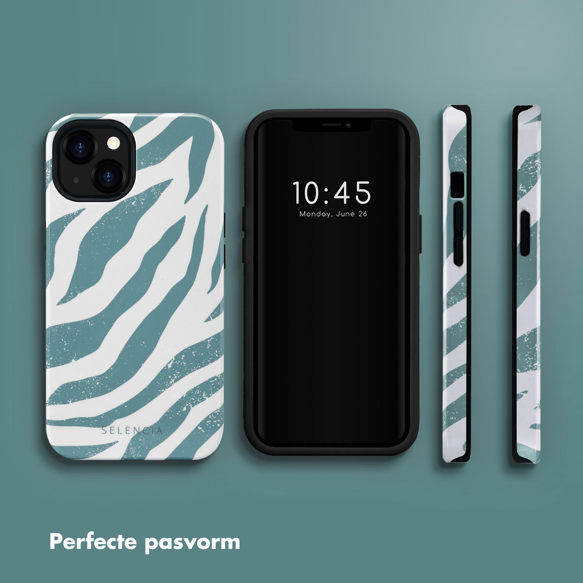 Telefoonhoesje met een turquoise en wit zebrapatroon, met een telefoon.