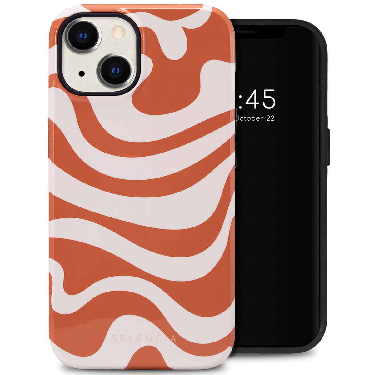 Oranje en wit golvend design telefoonhoesje op een telefoon. Tijd- en datumweergave op het telefoonscherm.