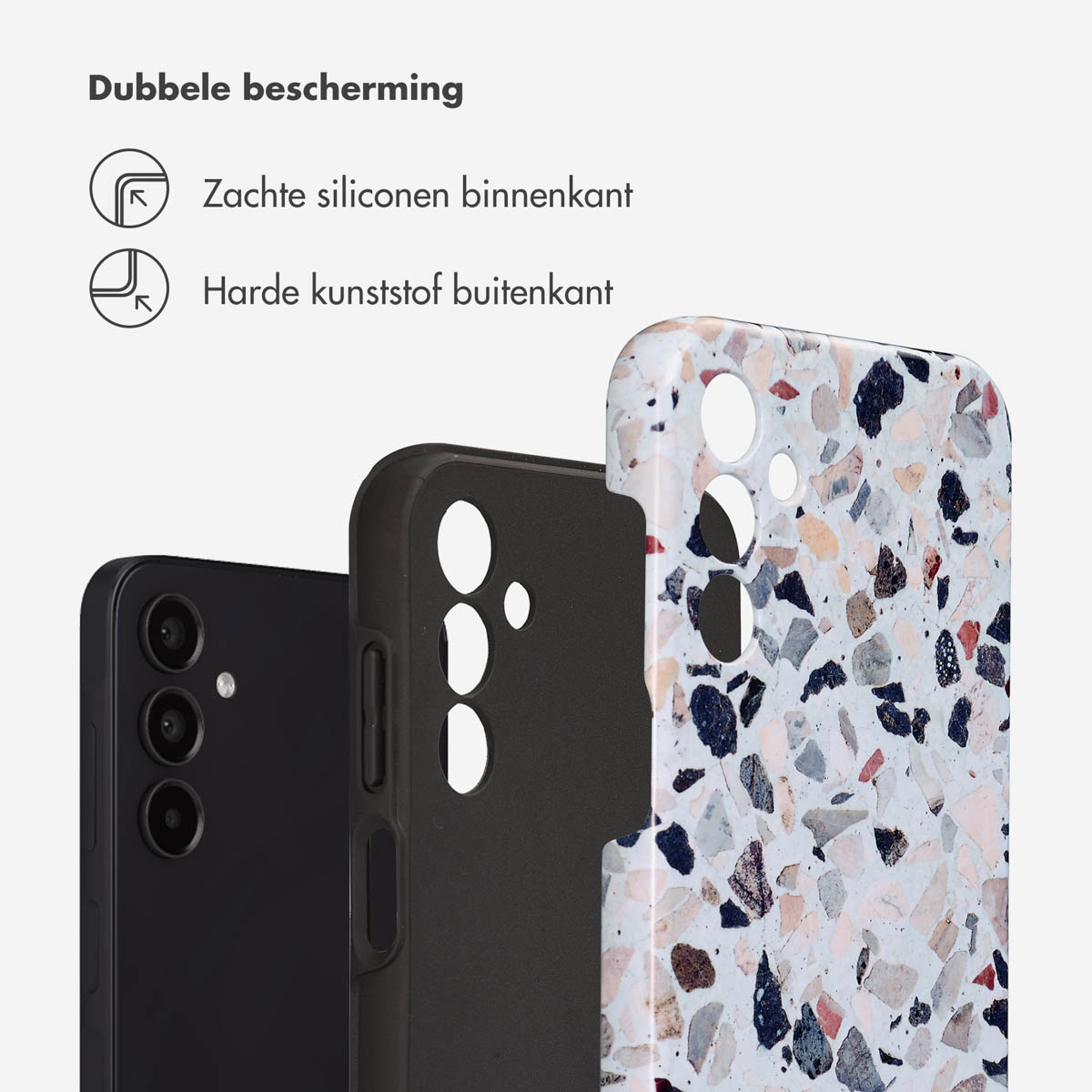 Telefoonhoesjes: telefoon, zwarte hoes en hoes met steenpatroon. Tekst luidt 'Dubbele bescherming'.