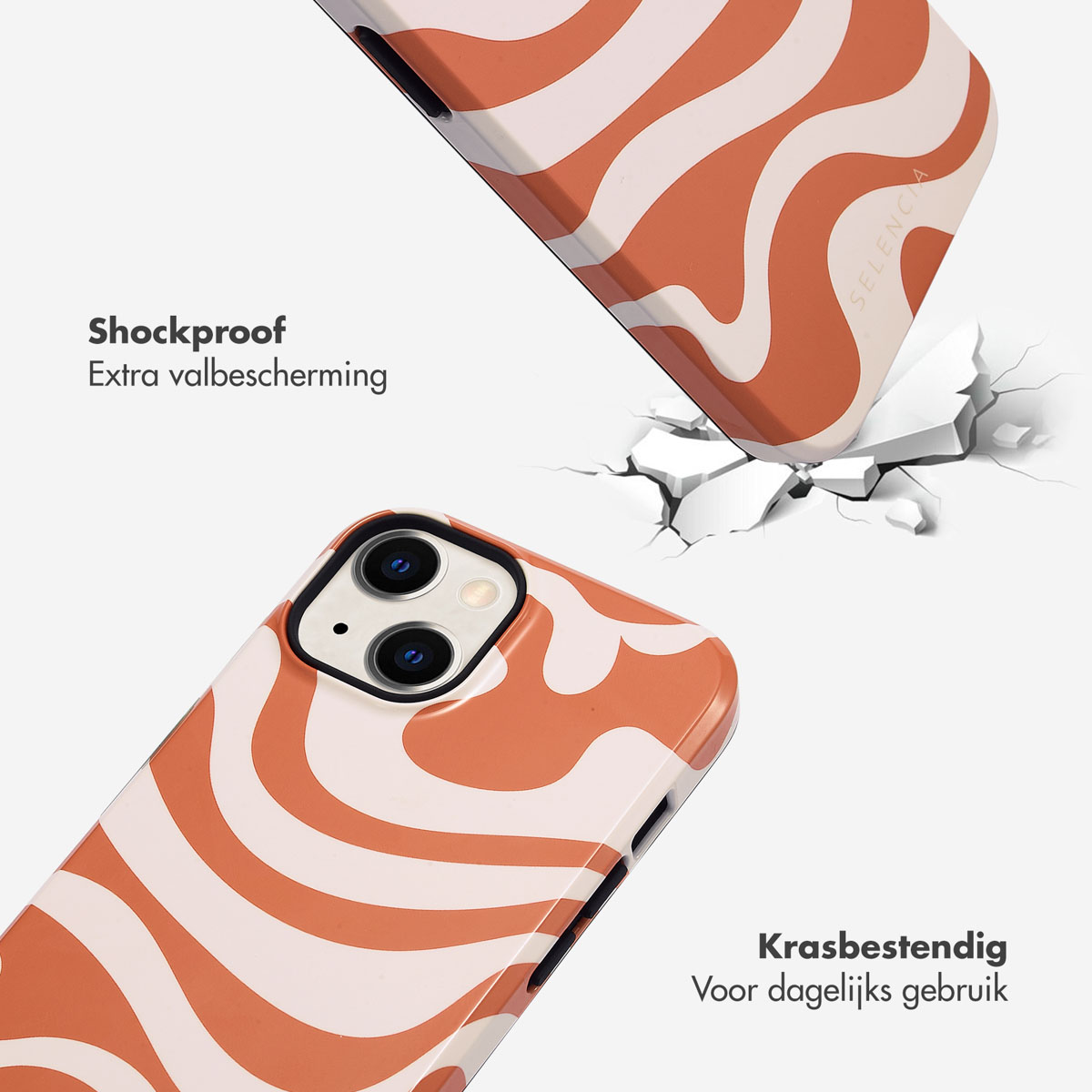 Telefoonhoesje met oranje en witte golven, telefoonhoesje breekt. Tekst: 'Schokbestendig' en 'Krasbestendig'.