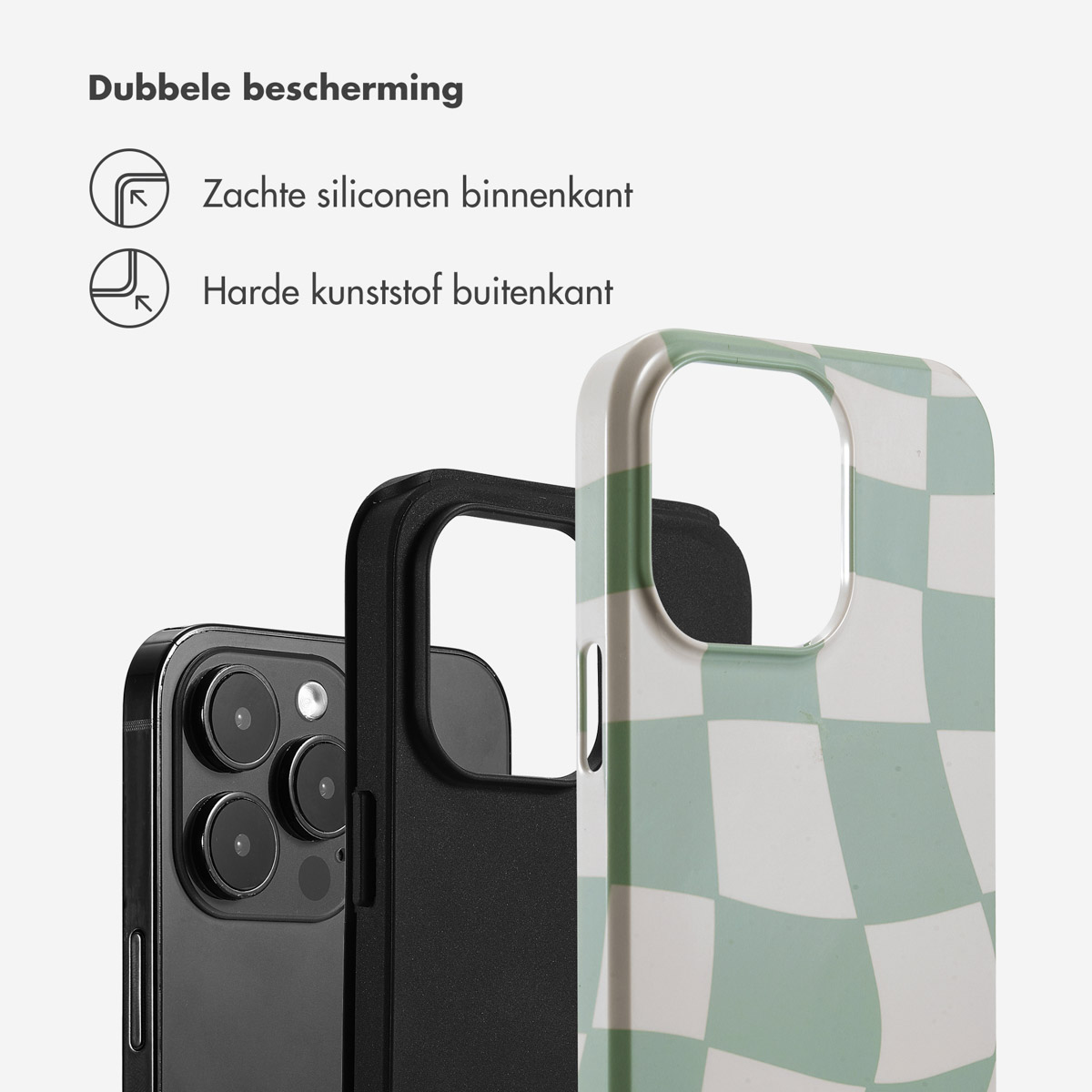 Telefoonhoesje met een groen en wit dambordpatroon. Telefoon- en hoesdetails.