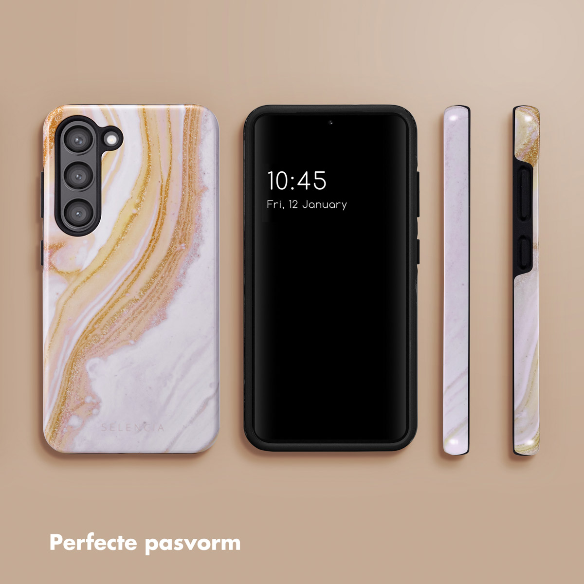 Téléphone dans un étui en marbre, couleurs blanc et or, écran noir avec date.