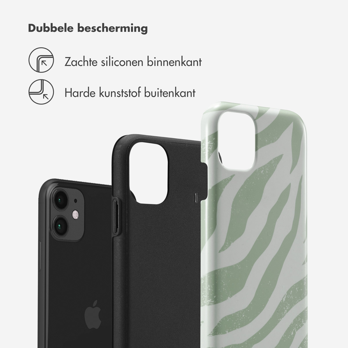 Téléphone noir sans coque. Intérieur de la coque avec intérieur noir et design ondulé vert.