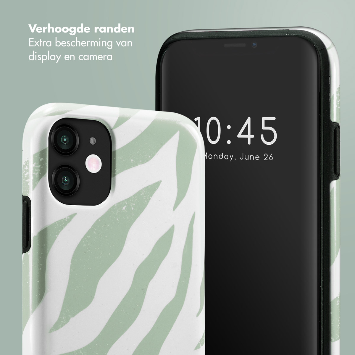 Coque avec imprimé zébré vert, téléphone et texte: 'Protection améliorée'.