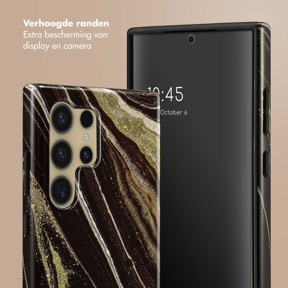 Telefoonhoesje met een marmerontwerp, met een telefoon.