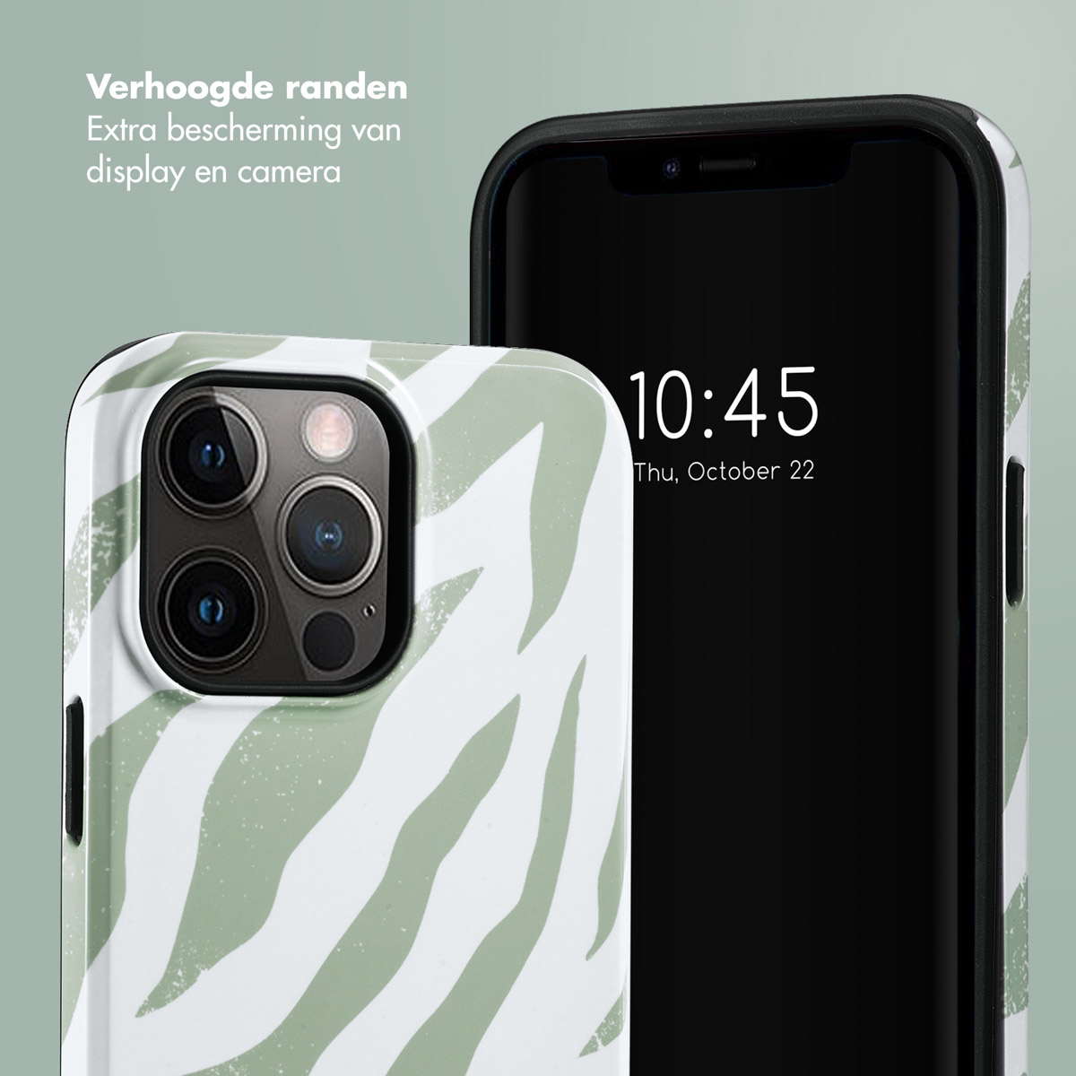 Téléphone avec étui zébré vert, heure 10h45, date 22 octobre. Le fond est vert clair.