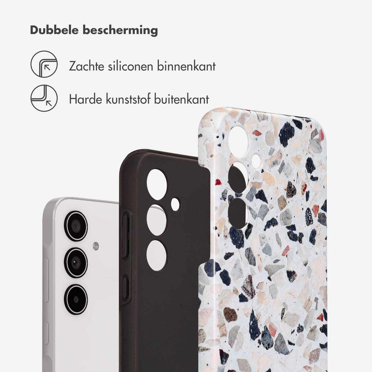 Coques de téléphone en noir, imprimé terrazzo et noir. Texte : Double protection.