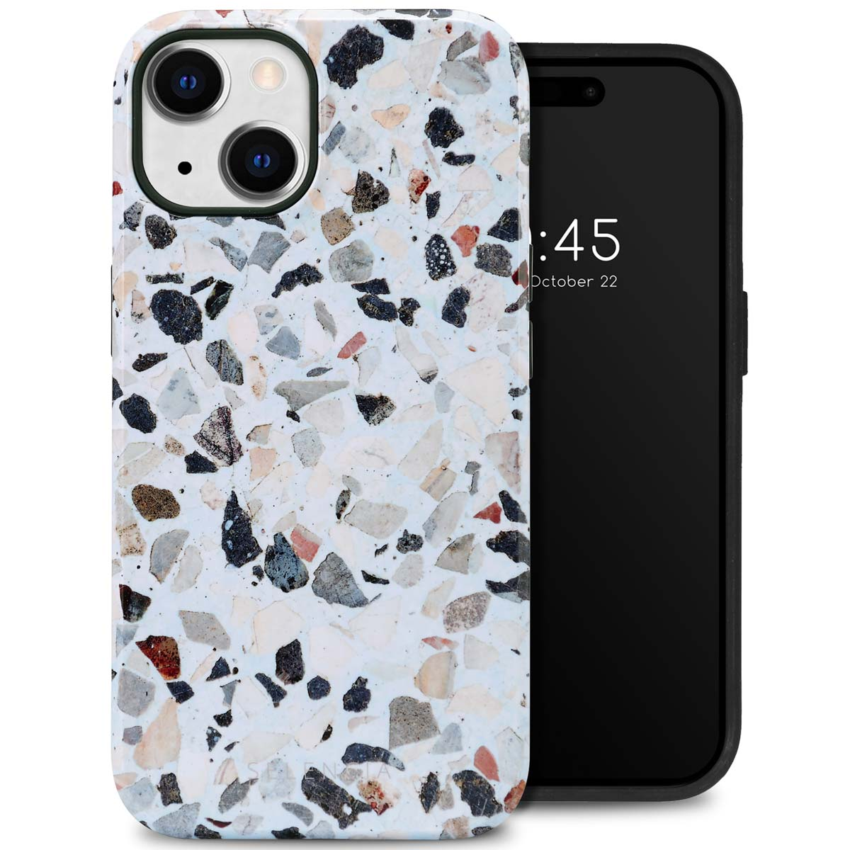 Coque de téléphone avec motif terrazzo blanc et gris, avec téléphone partiellement visible.