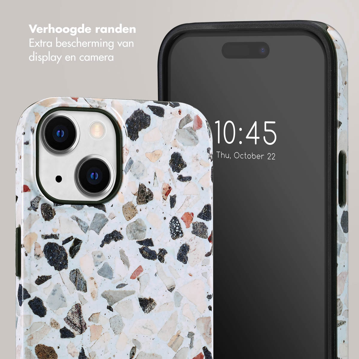 Coque de téléphone avec design terrazzo et téléphone.