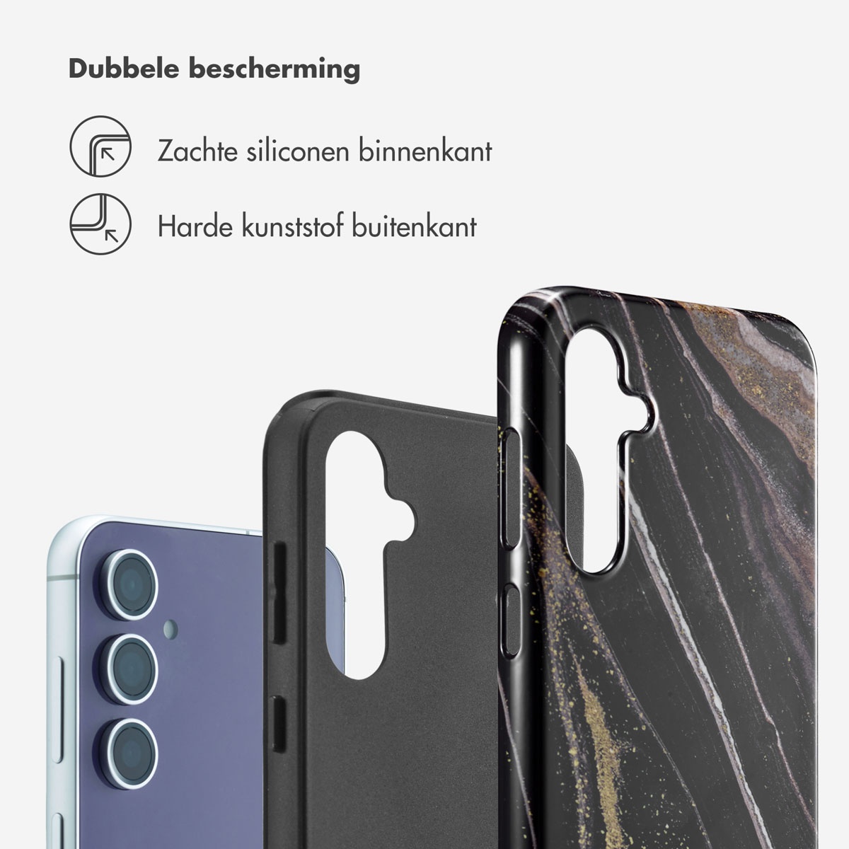 Trois étuis de téléphone, un noir, un marbre noir et or et un téléphone violet.
