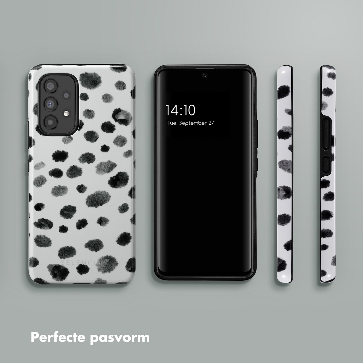 Téléphone avec une coque imprimée dalmatien. Téléphone avec parties de coque montrées.