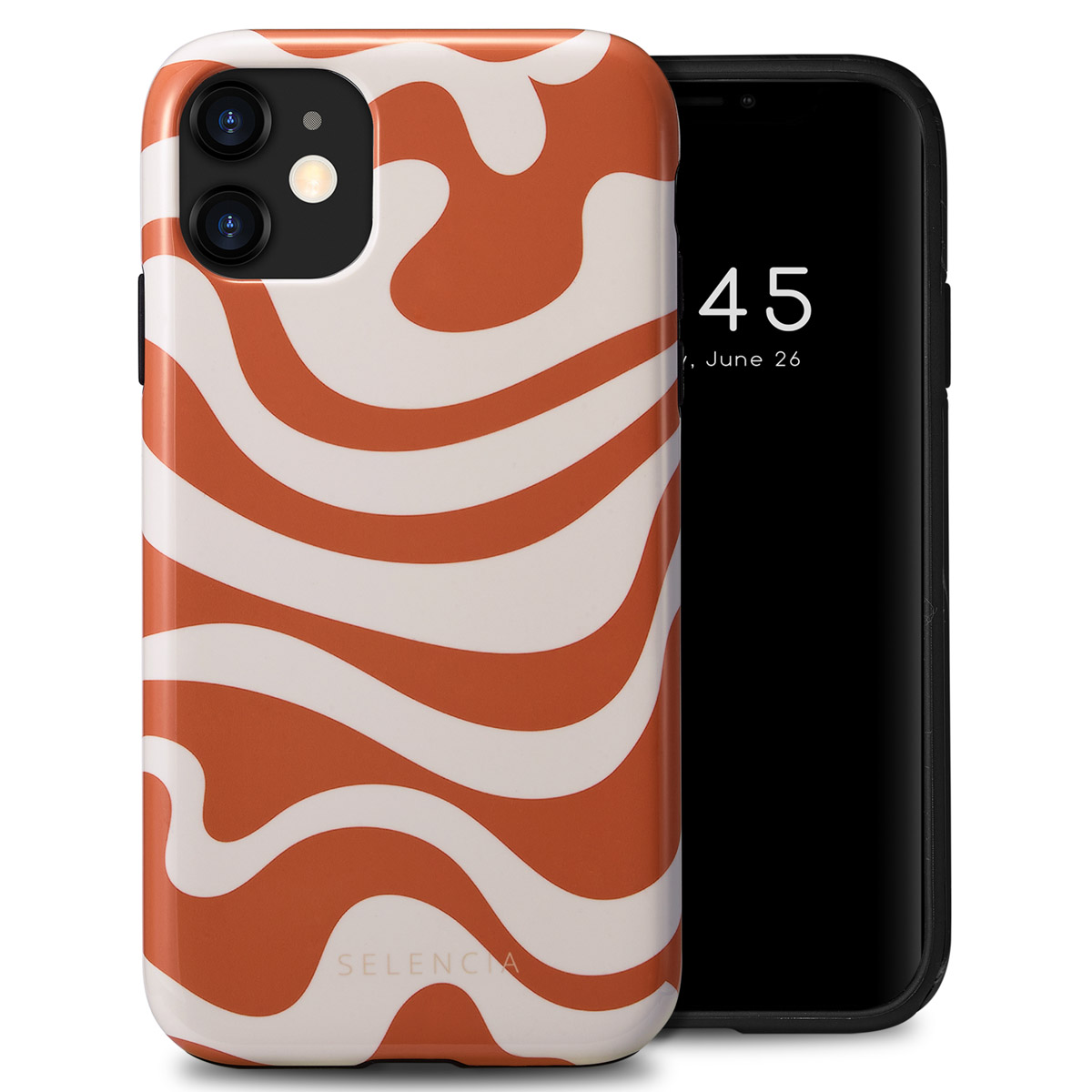 Telefoon en hoesje in oranje en wit golfdesign. Telefoonscherm toont de tijd. Tekst: Perfecte pasvorm.
