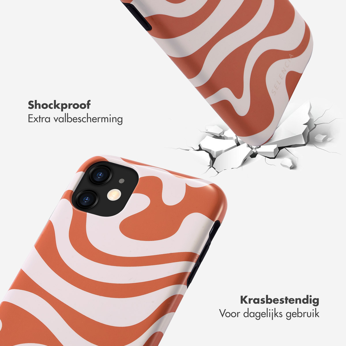 Telefoonhoes met oranje en wit wervelpatroon. Hoes barst bij impact, met een telefoon die valt.
