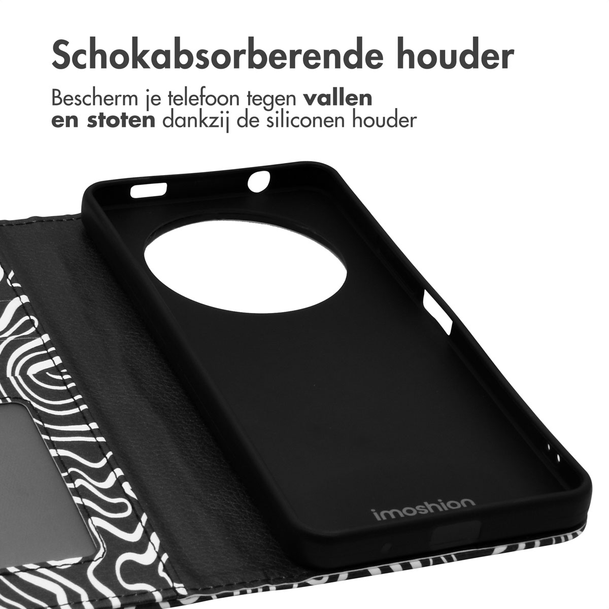 Telefoonhoesje en telefoon. De hoes is open met een zebrapatroon. De telefoon is zwart. De achtergrond is wit.