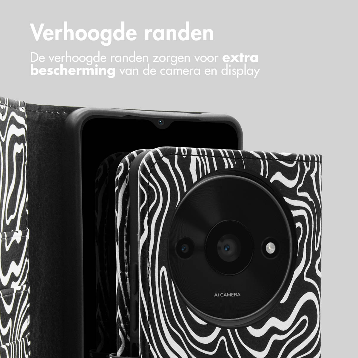 Telefoonhoesje met zwart-witte zebraprint. Telefoon zit in een folio-hoes met verhoogde randen.