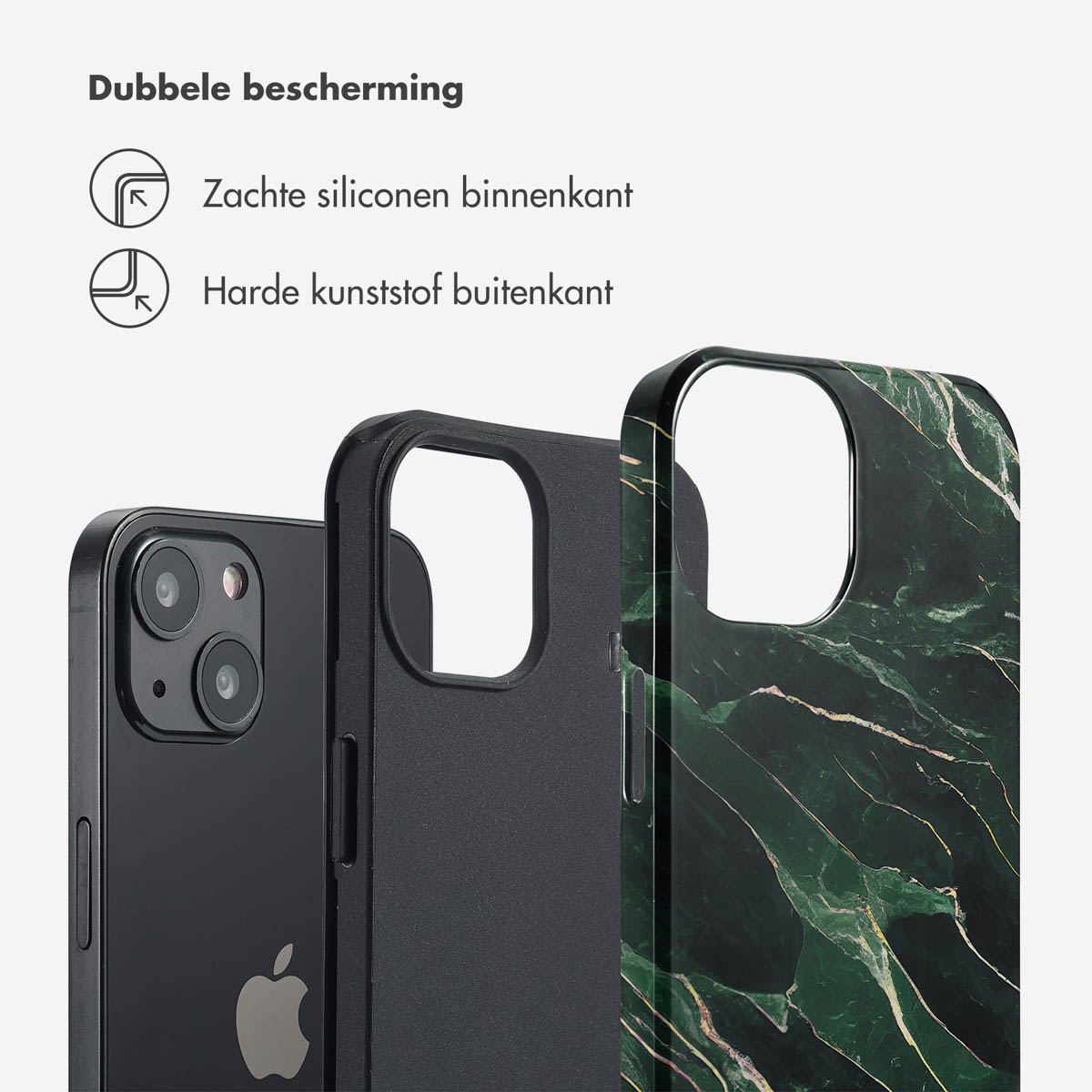 Coques: téléphone, coque noire et coque à motif marbre vert. Texte : 'Double protection'.