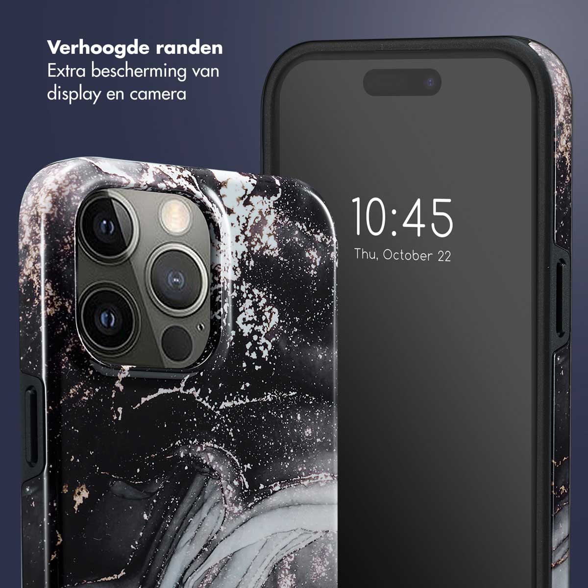 Téléphone avec étui en marbre noir et blanc. Le téléphone affiche 10h45, jeudi 22 octobre.