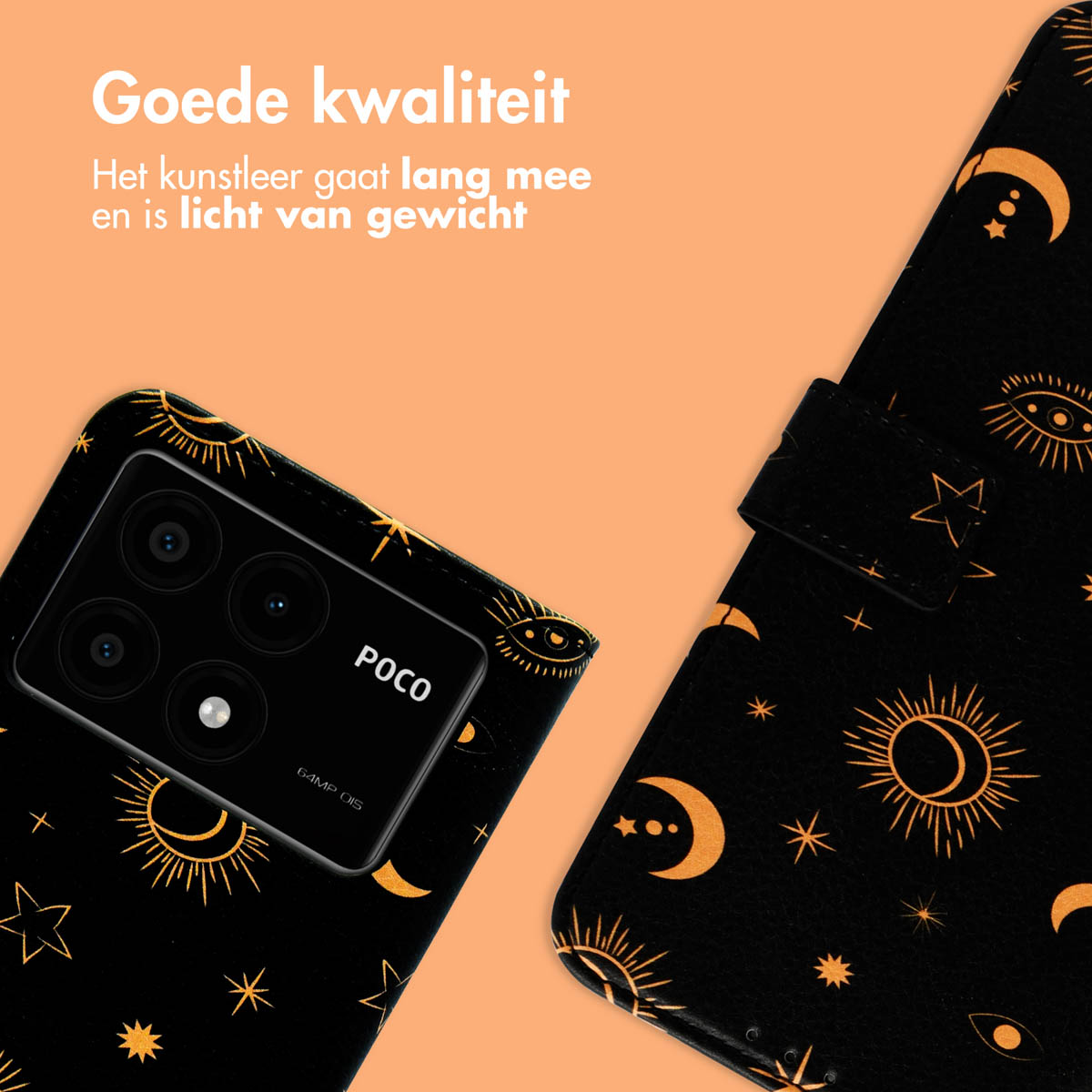 Zwarte telefoonhoes met hemels design. Telefoon met drievoudige camera en hoes met magnetische band.