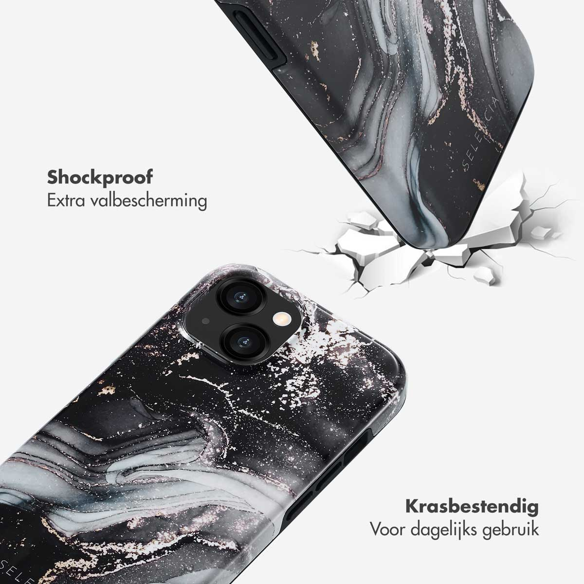 Coque de téléphone avec motif marbre, noir et or. Surface fissurée montre la résistance.