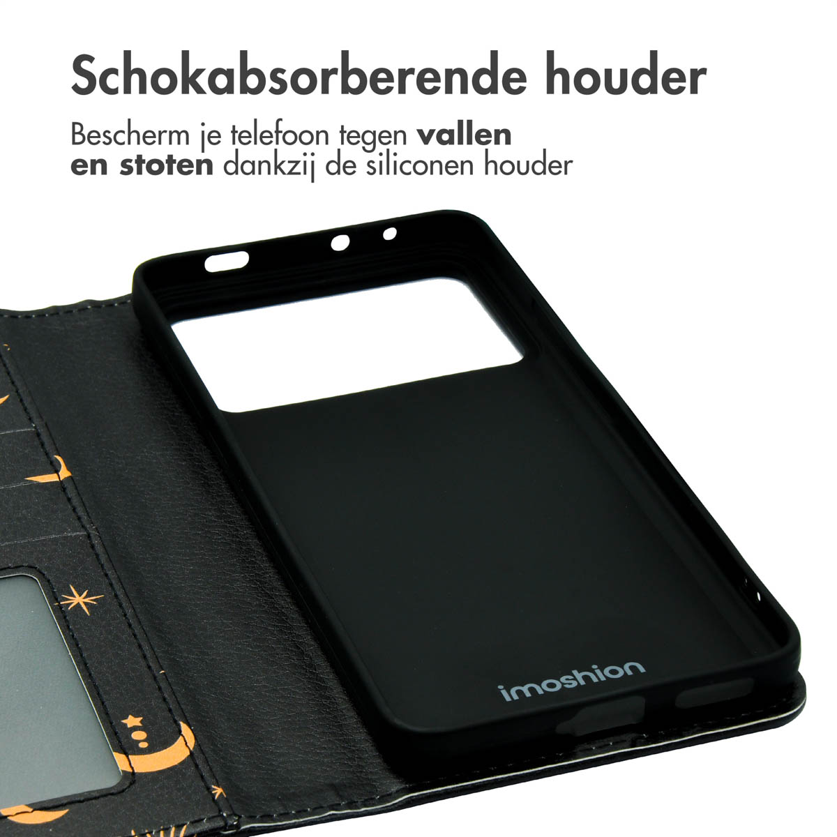 Zwarte telefoonhoes open, de binnenkant tonend.