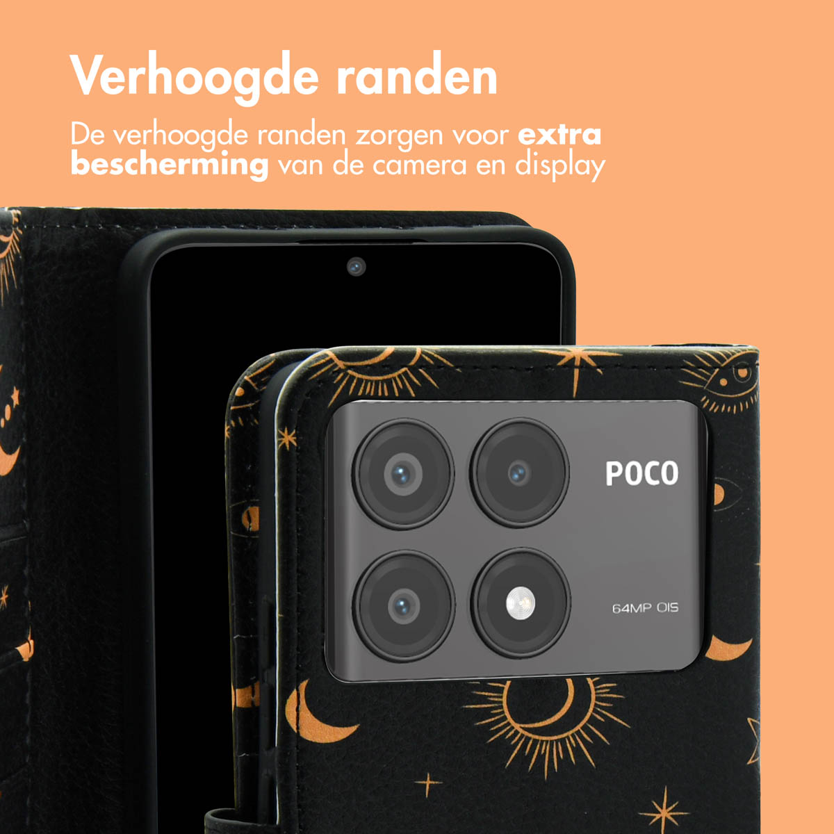Telefoonhoesje met sterrenontwerp, met een telefoon en een gedeeltelijk zichtbaar telefoonscherm.