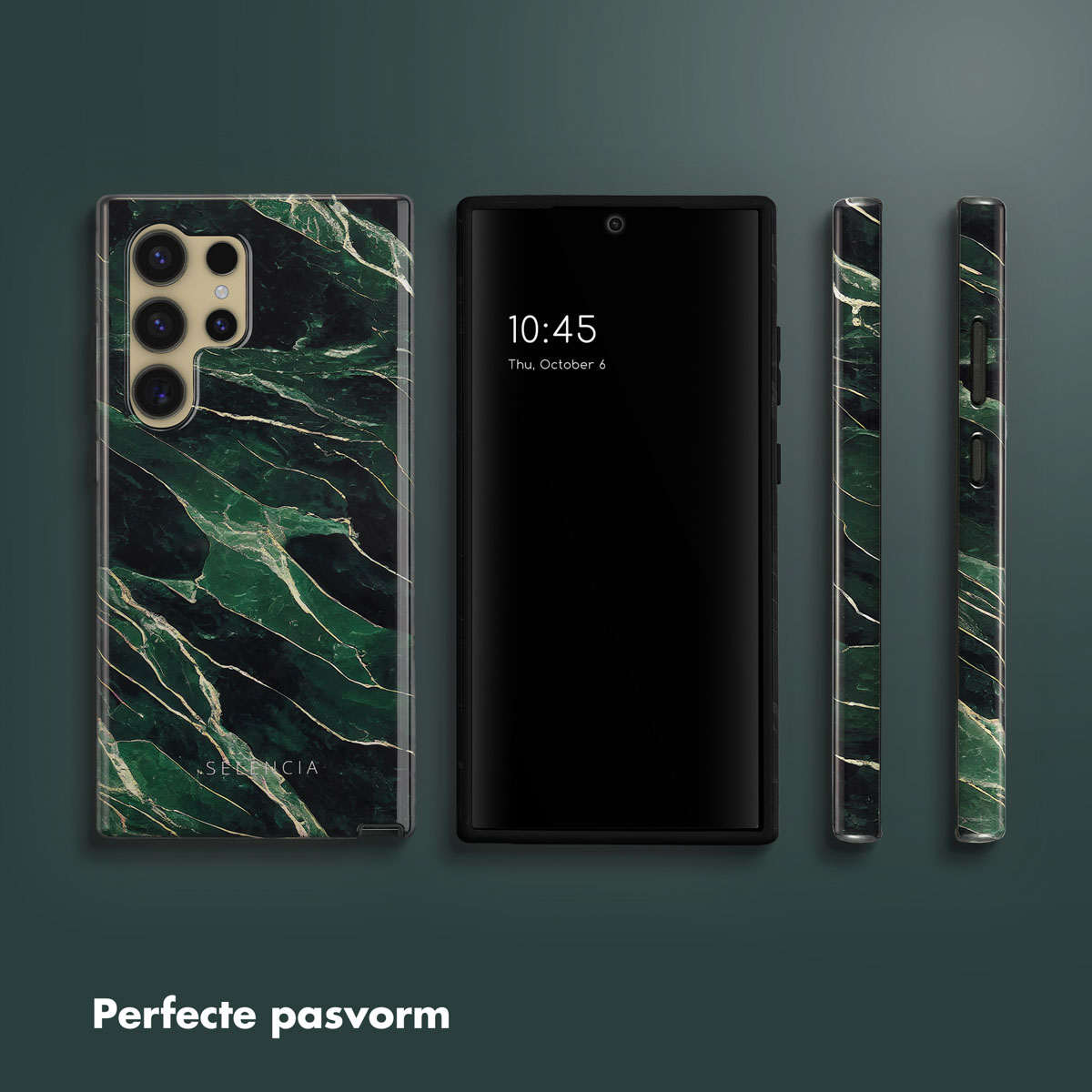Telefoonhoesje met groen marmer design, telefoon en twee zijkanten. Groene achtergrond. Tekst: 'Perfecte pasvorm'.