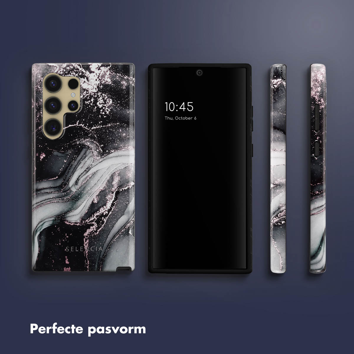 Telefoon en hoesjes. Hoesjes hebben een zwart marmerpatroon. Tijd is 10:45, datum is 6 okt. Achtergrond is donkerblauw.