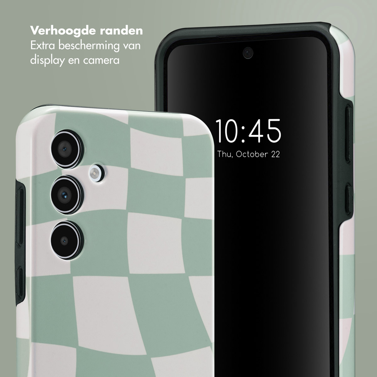 Coque de téléphone à motif à carreaux verts et blancs et téléphone à écran noir. Date et heure à l'écran.