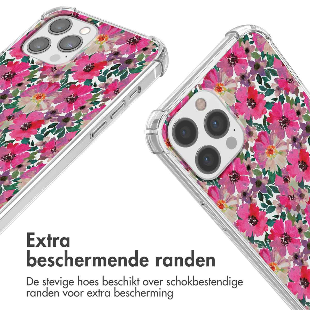 Deux coques de téléphone. Chacune a un motif floral avec des fleurs roses et des feuilles vertes. Les coques ont des bords protecteurs transparents.