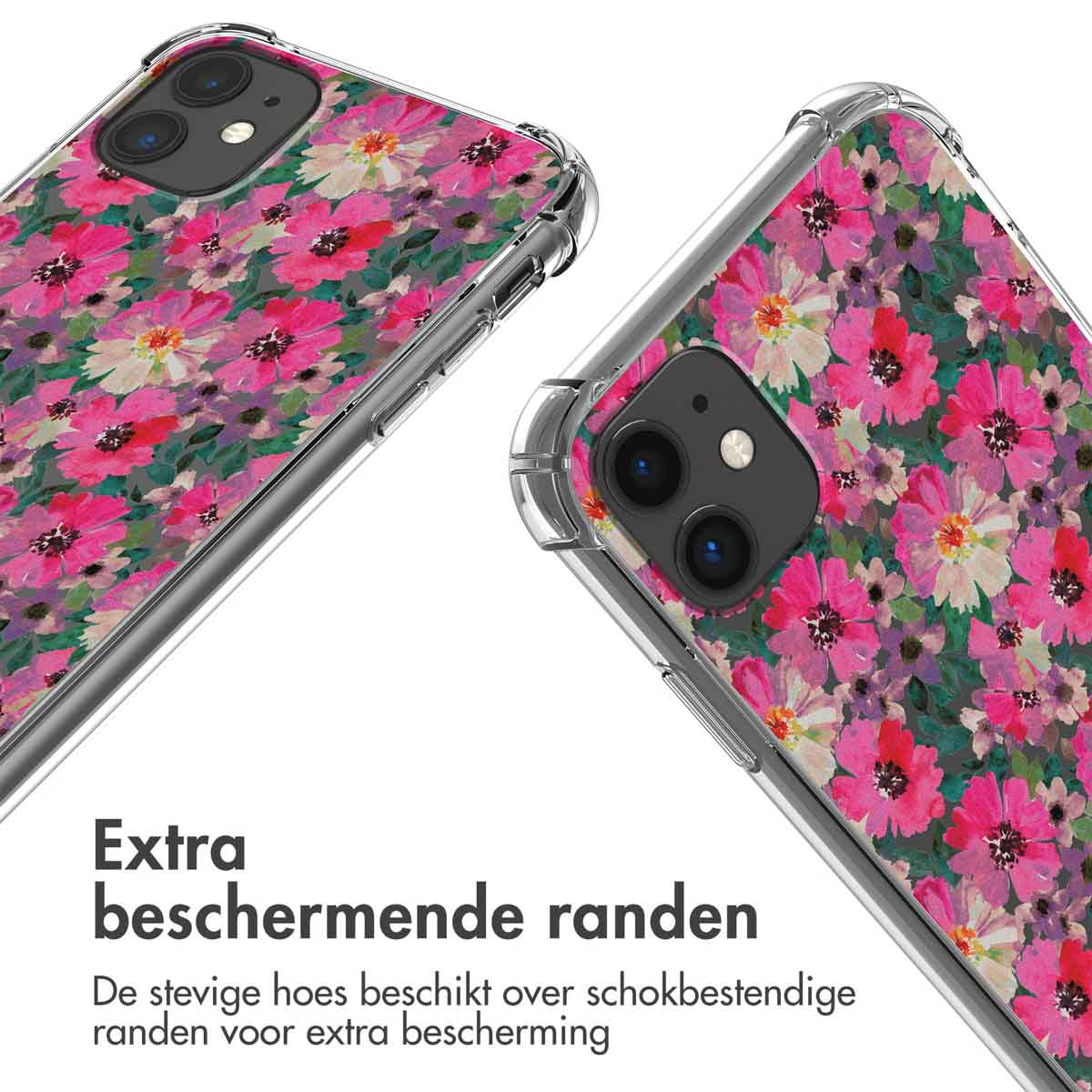 Gros plan d'une coque de téléphone avec un motif floral rose. Deux coques sont présentées.