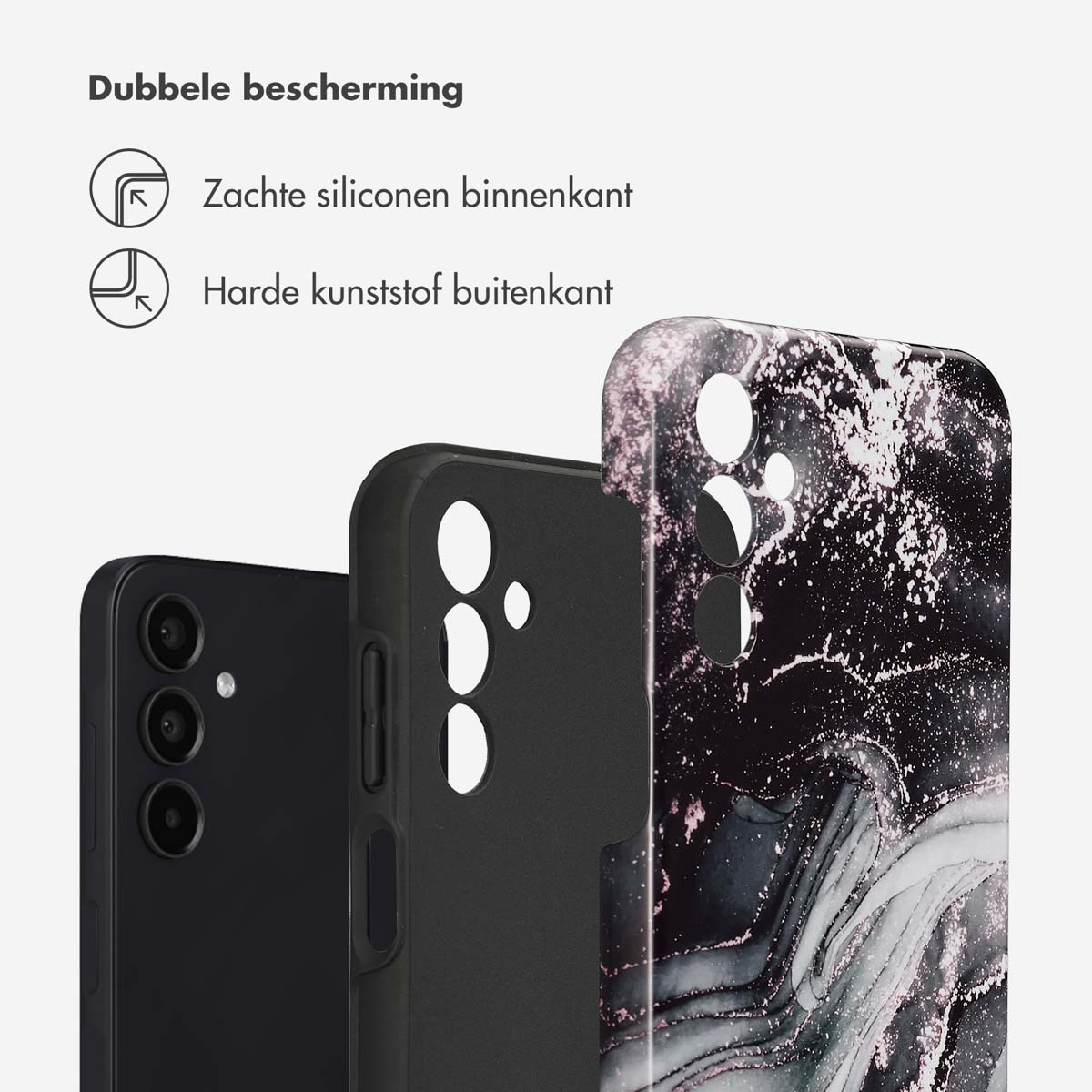 Close-up van telefoonhoesjes. Zwart, zwart/wit marmer en zwarte telefoons zijn zichtbaar. Tekst zegt dubbele bescherming.