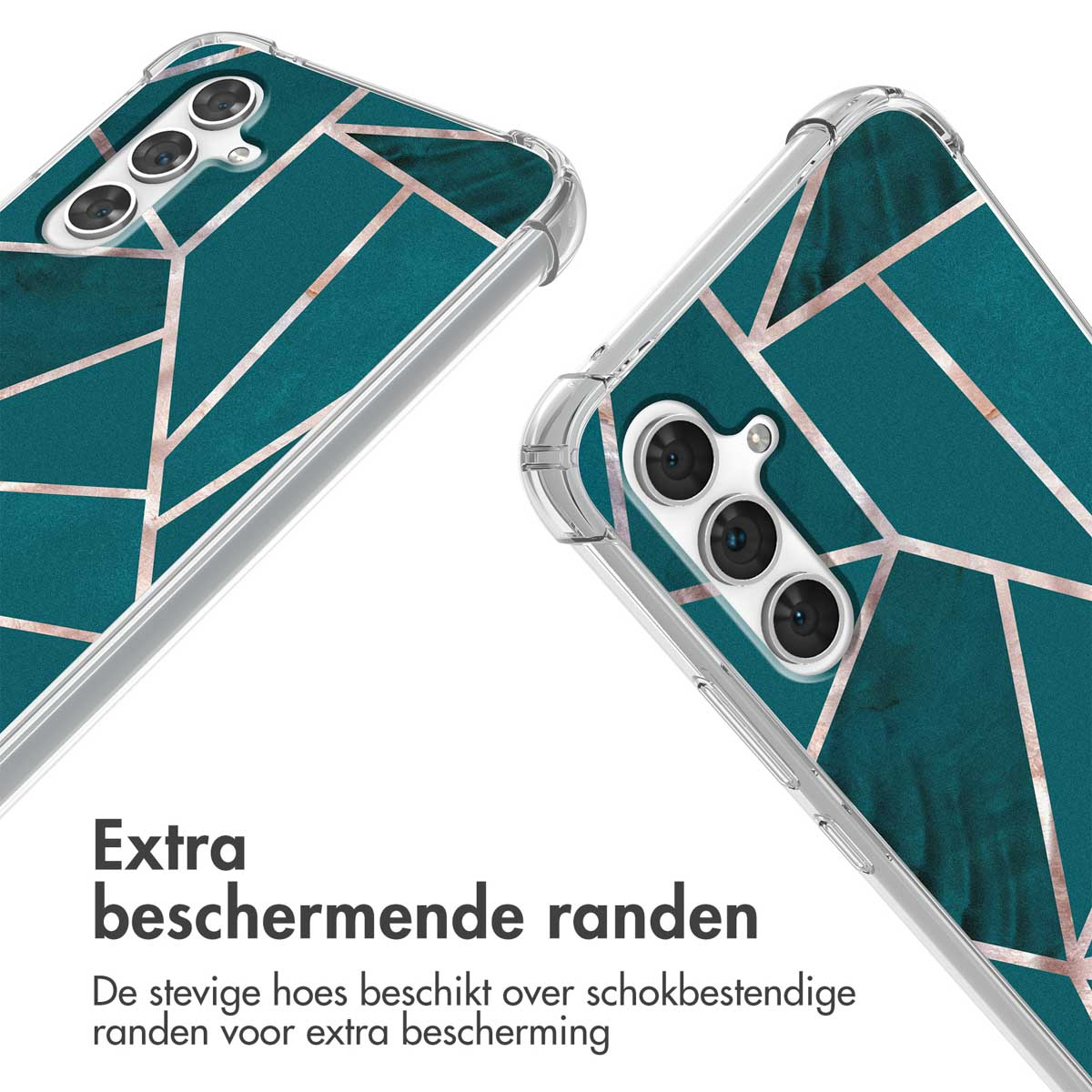 Close-up van een telefoonhoesje met groen geometrisch ontwerp. Twee hoesjes worden getoond.