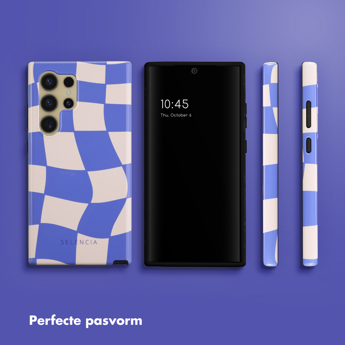 Telefoon met blauw-witte geruite hoes, zwarte telefoon met tijdweergave en bijpassende zijaanzichten.