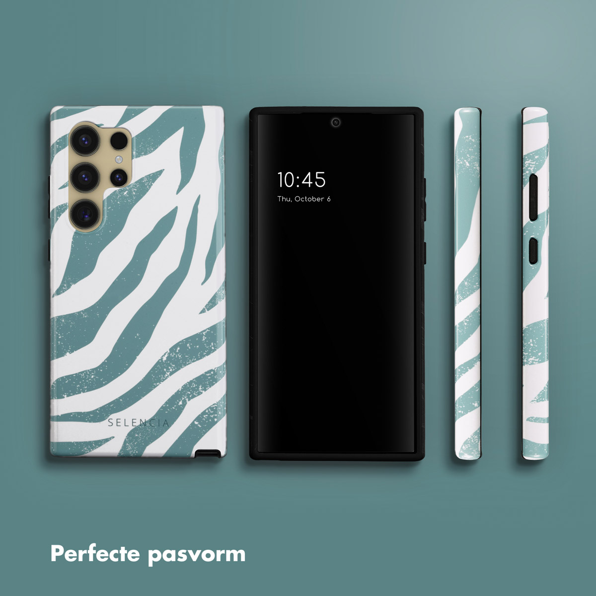 Telefoonhoesje met blauw-witte zebra strepen. Telefoon met zwart scherm waarop de tijd staat. Zijaanzicht van de hoes.