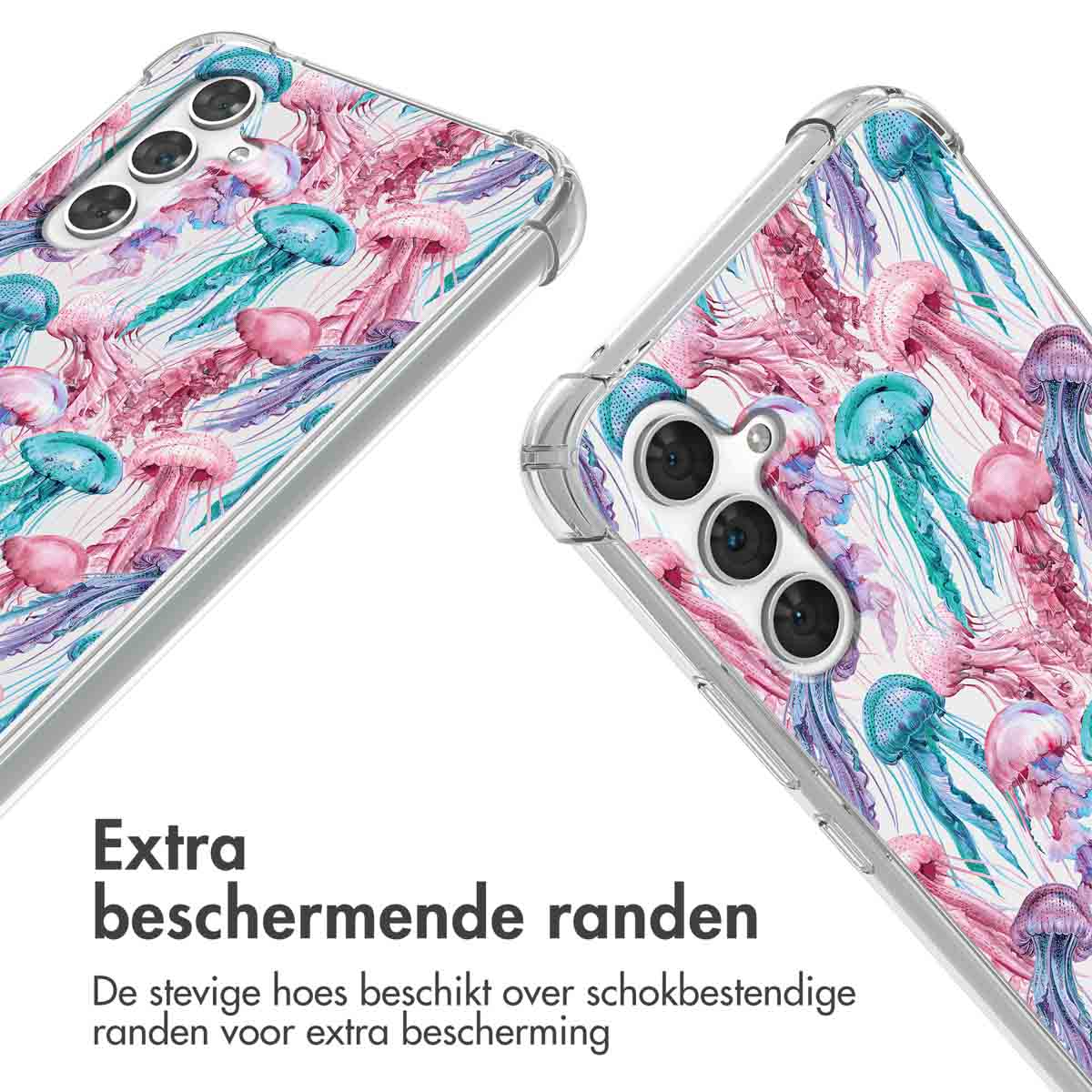 Twee telefoonhoesjes met een ontwerp van kwallen. De achtergrond is wit.