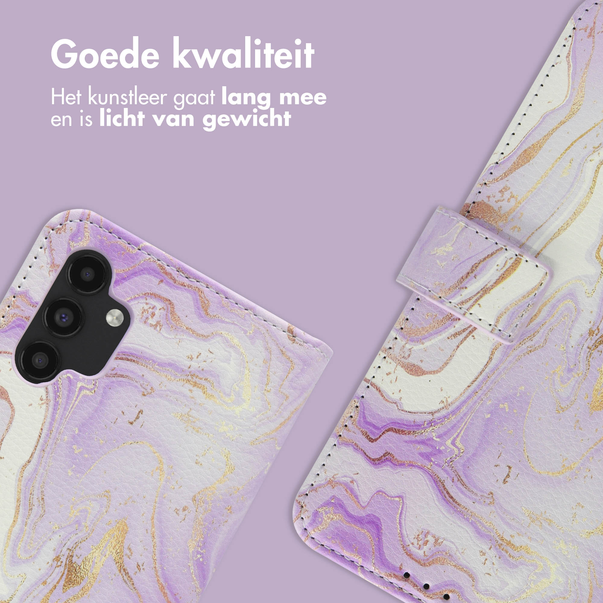Gros plan d'une coque de téléphone avec un motif marbre violet. Une coque ouverte de style portefeuille.