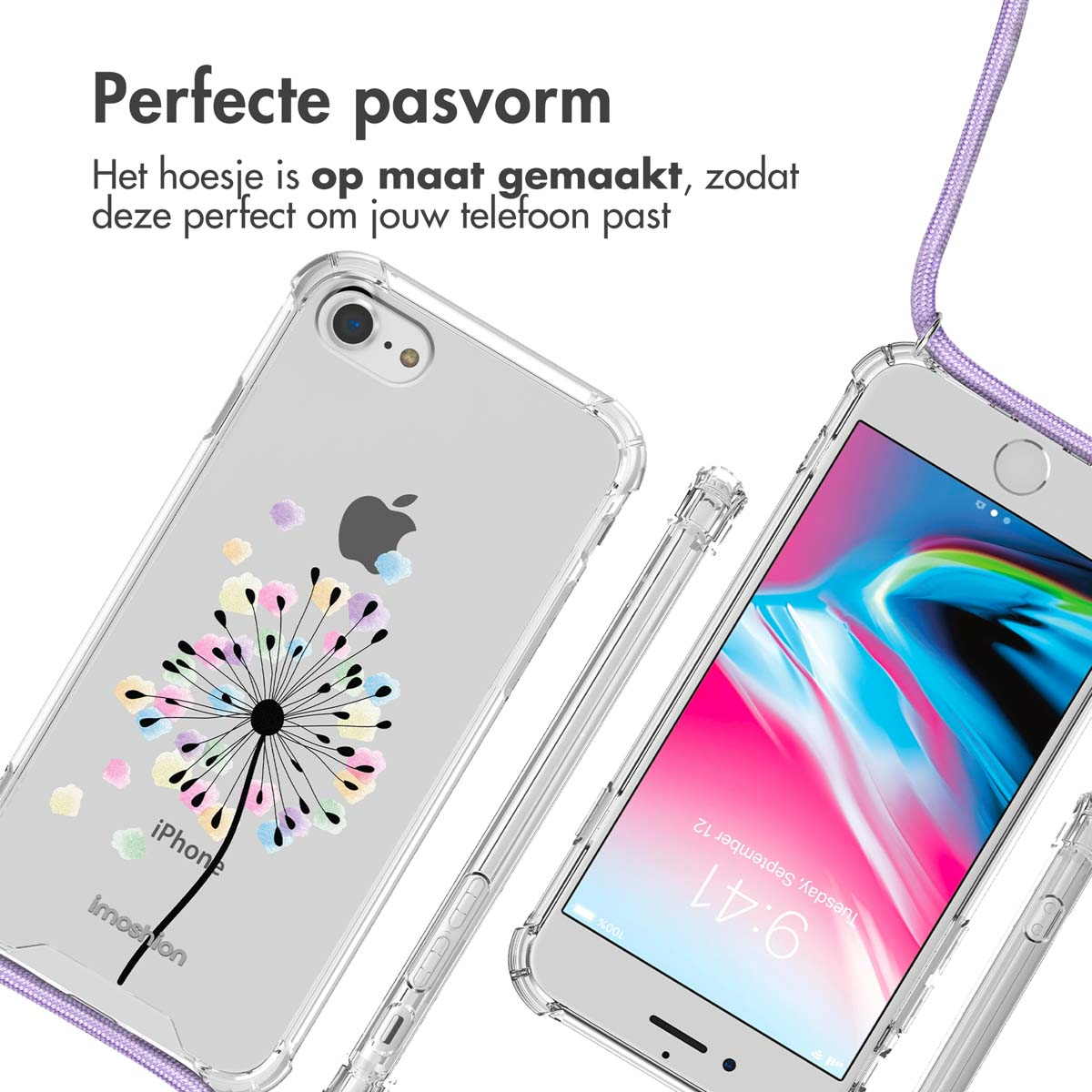Transparante telefoonhoes met paardenbloemontwerp. Twee telefoons zichtbaar. Perfecte pasvorm.