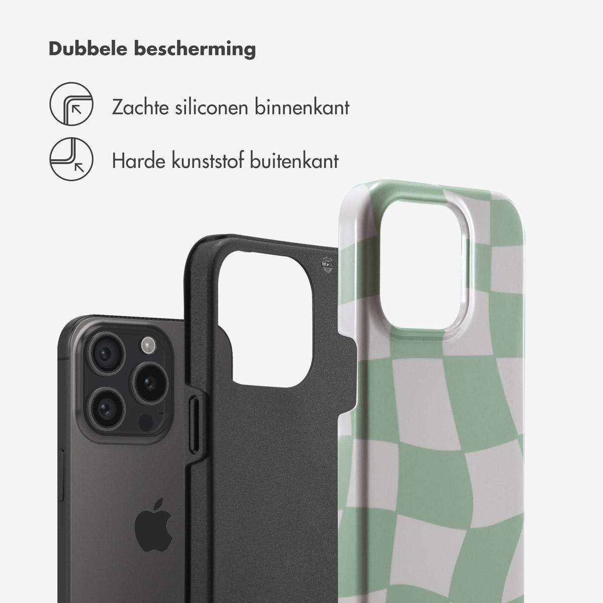 Coque de téléphone, design à carreaux noir et blanc, avec intérieur en silicone souple et extérieur en plastique dur.